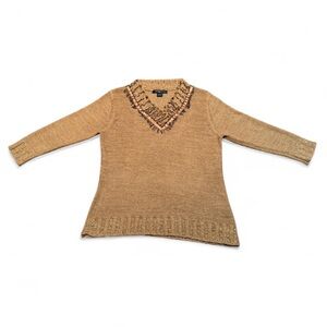 August Silk - Women's Tan Sweater with Beaded Neckline
